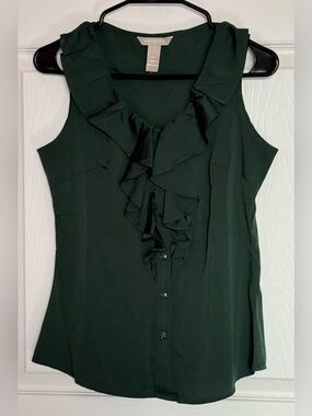 Banana Republic Dark Green Ruffle Front Sleeveless Blouse
